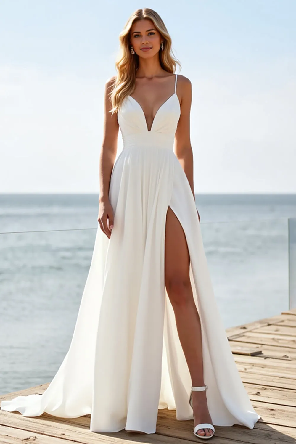 White Chiffon Spaghetti Straps Boho Wedding Dress with Slit sold by Zapaka product image thumbnail 2