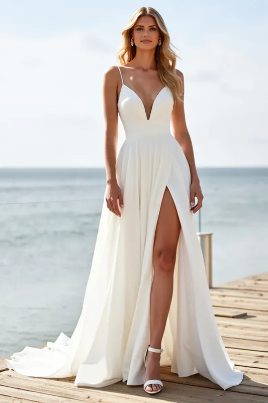 White Chiffon Spaghetti Straps Boho Wedding Dress with Slit sold by Zapaka