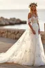 White Tulle Off the Shoulder Boho Sweep Train Wedding Dress with Appliques sold by Zapaka