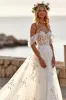 White Tulle Off the Shoulder Boho Sweep Train Wedding Dress with Appliques sold by Zapaka