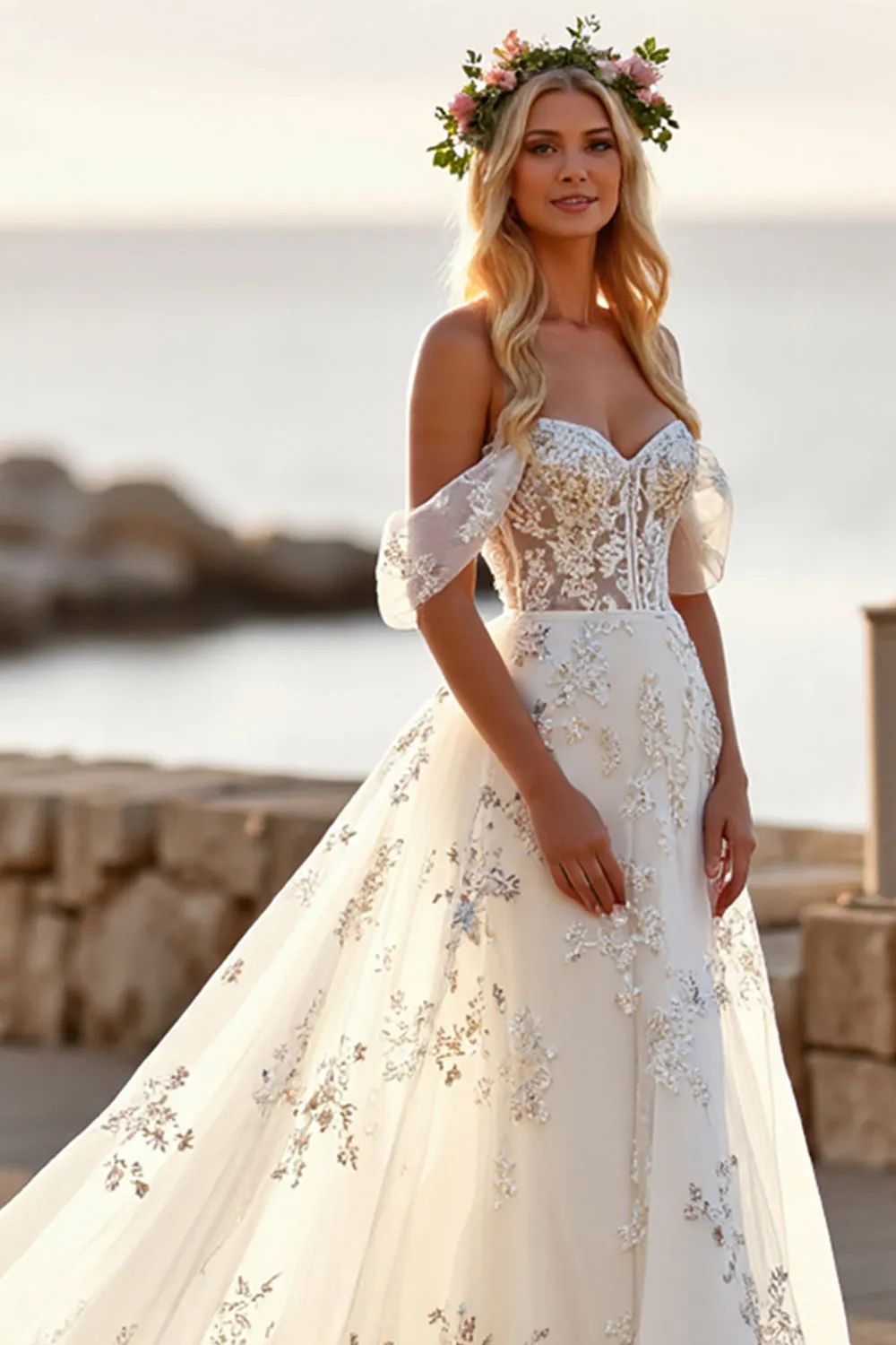 White Tulle Off the Shoulder Boho Sweep Train Wedding Dress with Appliques sold by Zapaka product image thumbnail 2