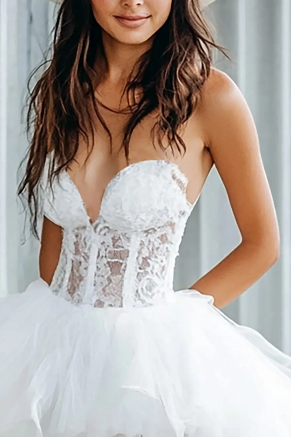 White Corset Lace High-Low Wedding Dress sold by Zapaka product image thumbnail 2