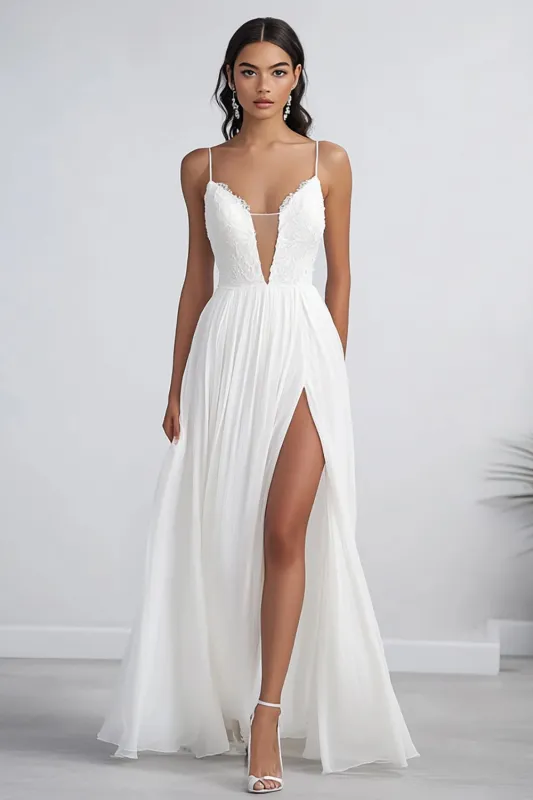 White A Line Spaghetti Straps Chiffon Wedding Dress With Slit sold by Zapaka