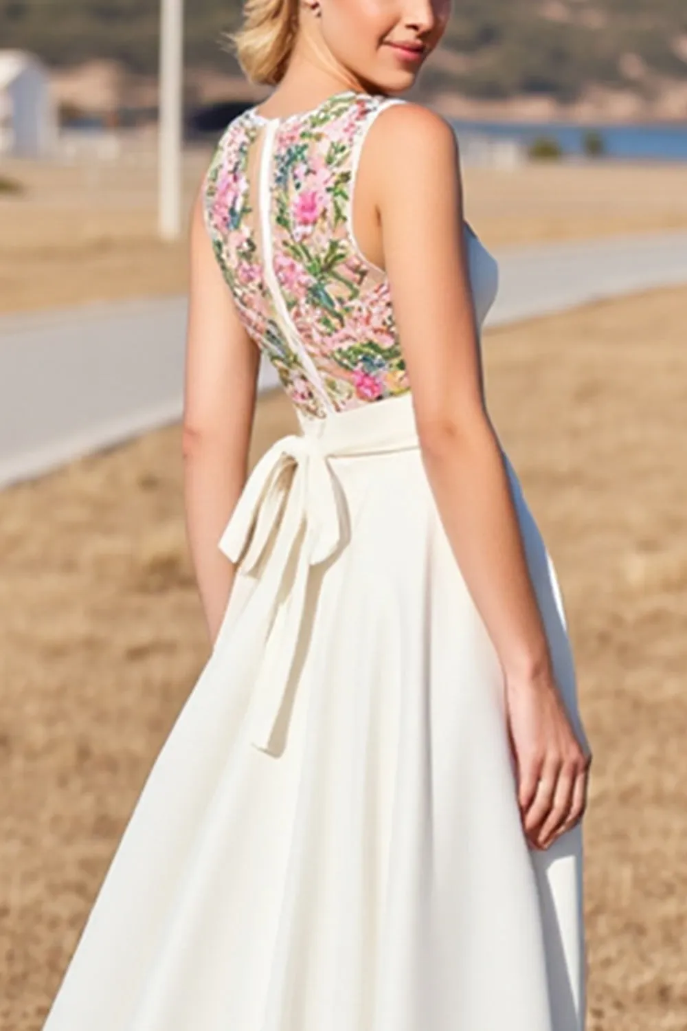 Floral A Line Round Neck White Long Wedding Dress sold by Zapaka product image thumbnail 4