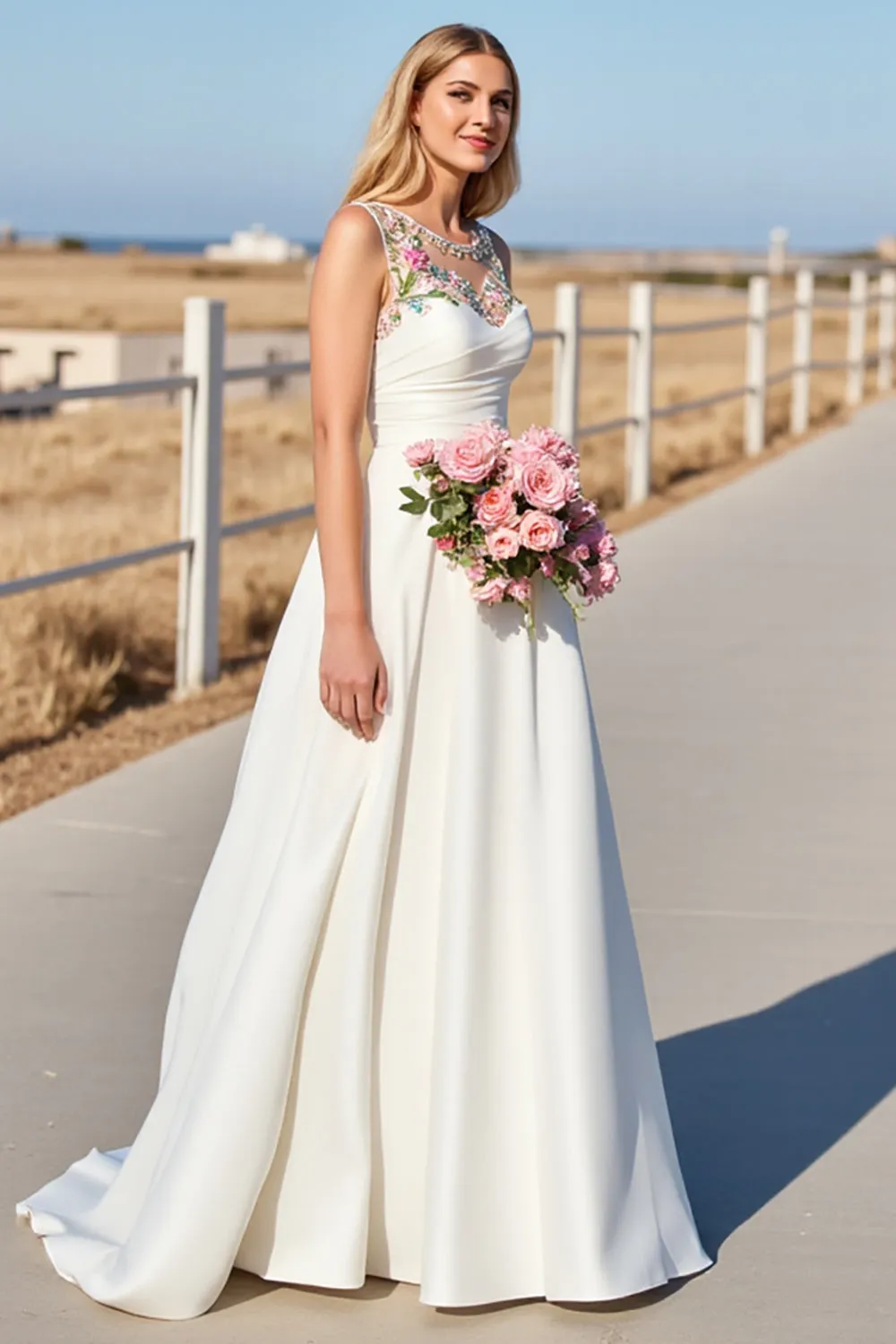 Floral A Line Round Neck White Long Wedding Dress sold by Zapaka