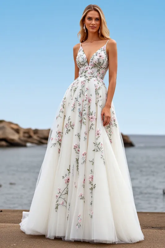 White V Neck Tulle A Line Boho Sweep Train Wedding Dress with Embroidery sold by Zapaka