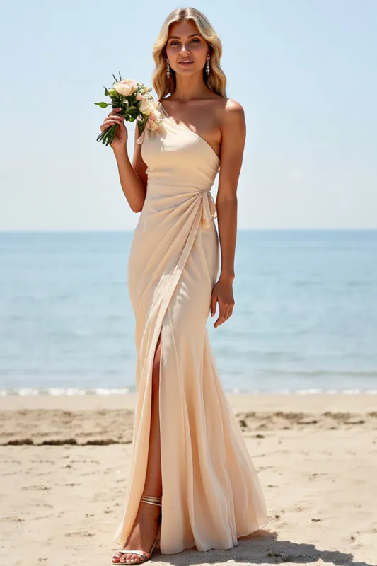Apricot Chiffon Mermaid One Shoulder Long Bridesmaid Dress with Slit sold by Zapaka