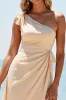 Apricot Chiffon Mermaid One Shoulder Long Bridesmaid Dress with Slit sold by Zapaka