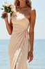 Apricot Chiffon Mermaid One Shoulder Long Bridesmaid Dress with Slit sold by Zapaka