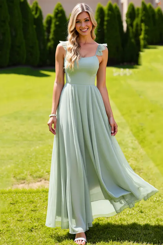 Sage Green Chiffon Spaghetti Straps A Line Long Bridesmaid Dress sold by Zapaka