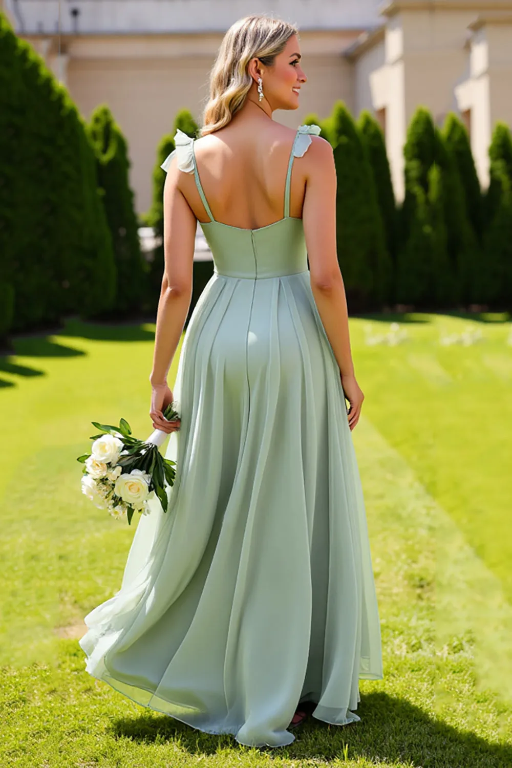 Sage Green Chiffon Spaghetti Straps A Line Long Bridesmaid Dress sold by Zapaka product image thumbnail 2