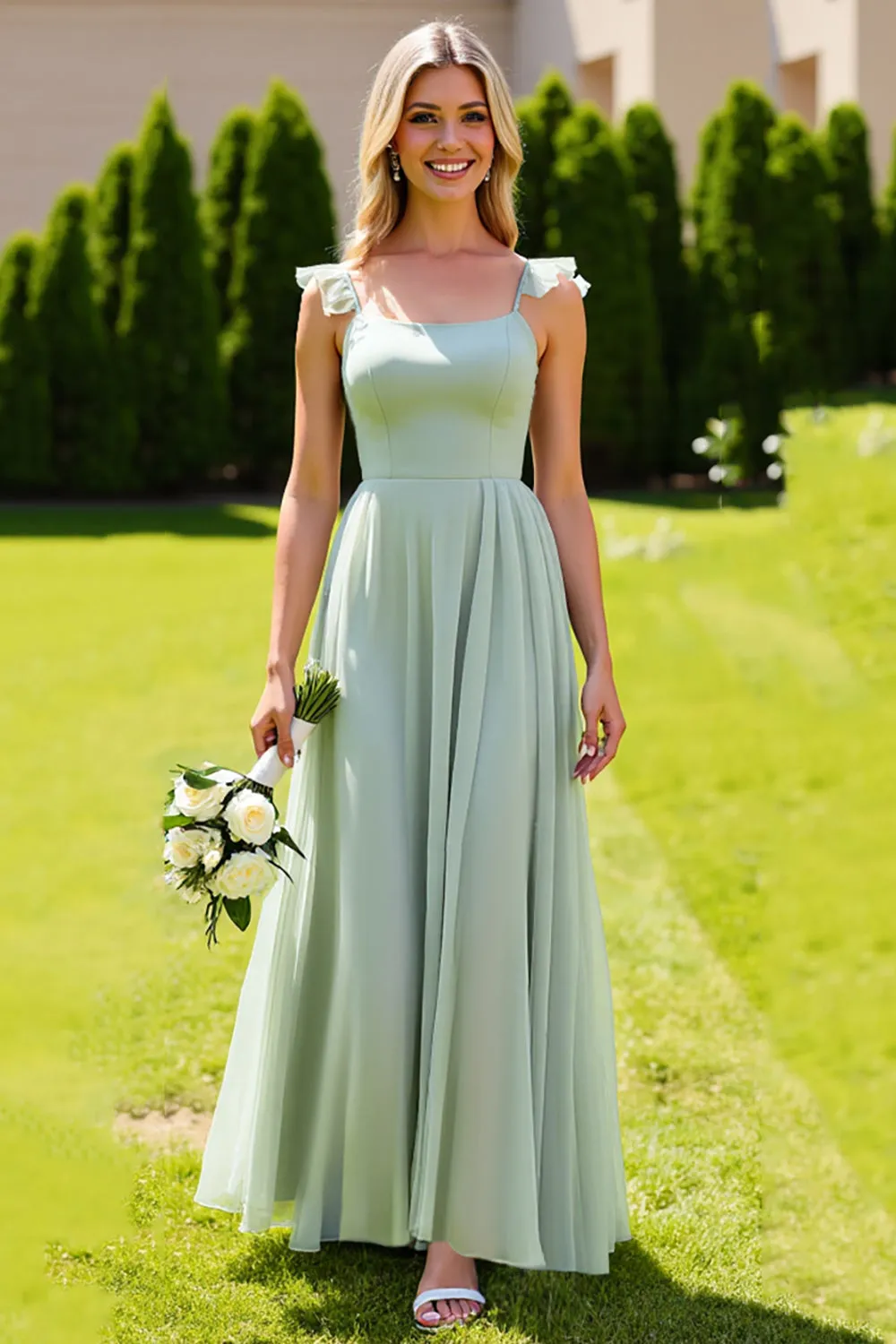 Sage Green Chiffon Spaghetti Straps A Line Long Bridesmaid Dress sold by Zapaka product image thumbnail 3
