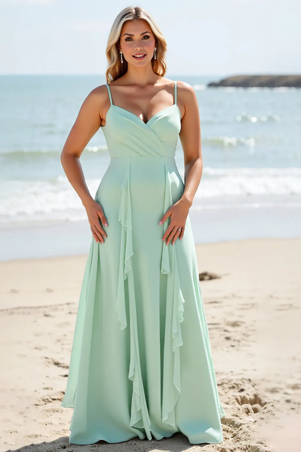 Mint Green Chiffon A Line Long Bridesmaid Dress with Ruffles sold by Zapaka