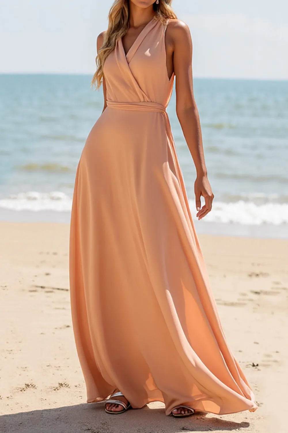 Sunset Chiffon V-Neck A Line Long Bridesmaid Dress sold by Zapaka
