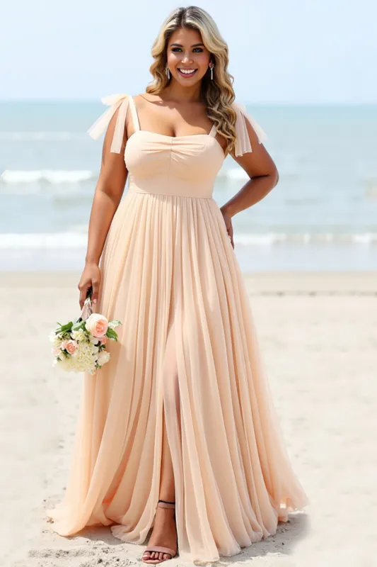 Apricot A Line Chiffon Spaghetti Straps Long Bridesmaid Dress with Slit sold by Zapaka