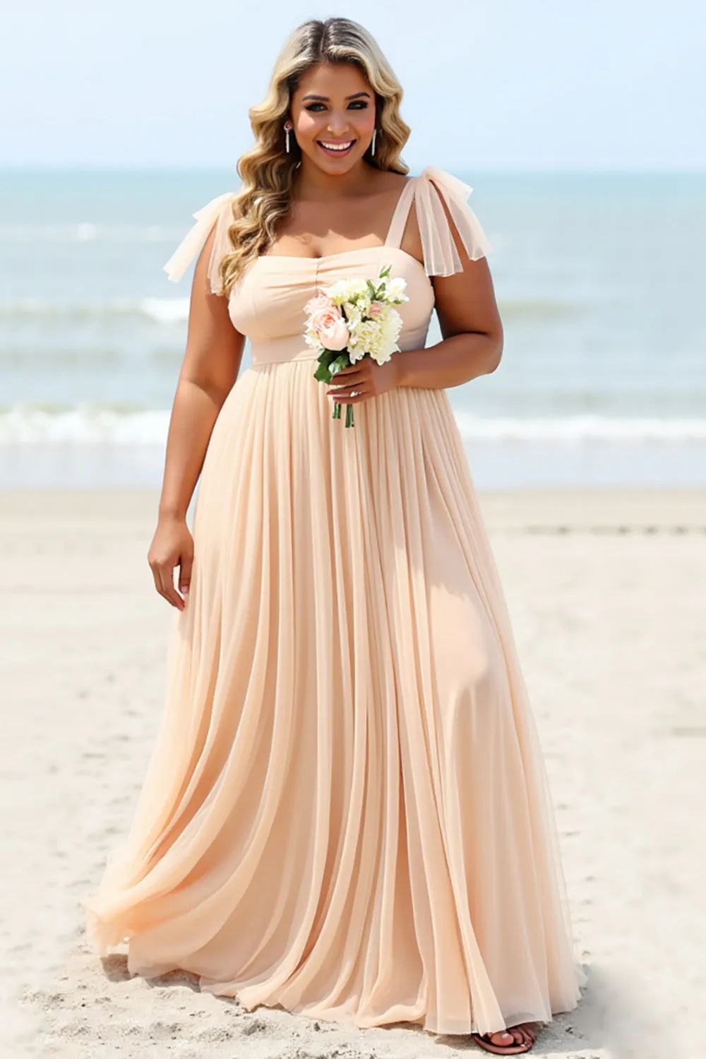 Apricot A Line Chiffon Spaghetti Straps Long Bridesmaid Dress with Slit sold by Zapaka product image thumbnail 2