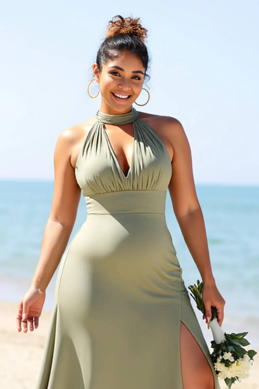 Olive Plus Size Halter Satin Long Bridesmaid Dress with Slit sold by Zapaka product image thumbnail 4