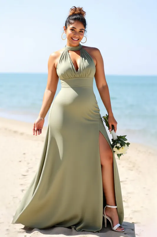 Olive Plus Size Halter Satin Long Bridesmaid Dress with Slit sold by Zapaka