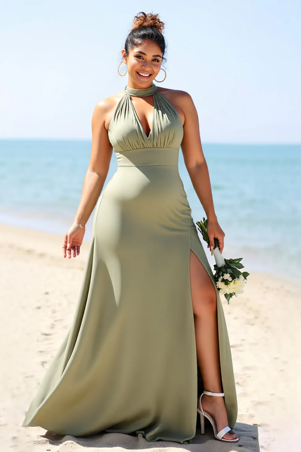 Olive Plus Size Halter Satin Long Bridesmaid Dress with Slit sold by Zapaka