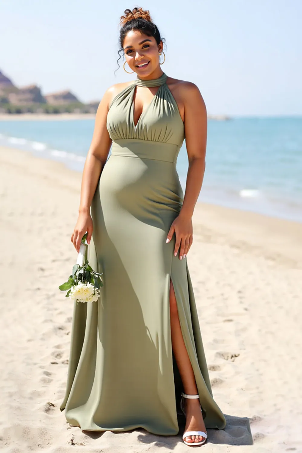 Olive Plus Size Halter Satin Long Bridesmaid Dress with Slit sold by Zapaka product image thumbnail 3