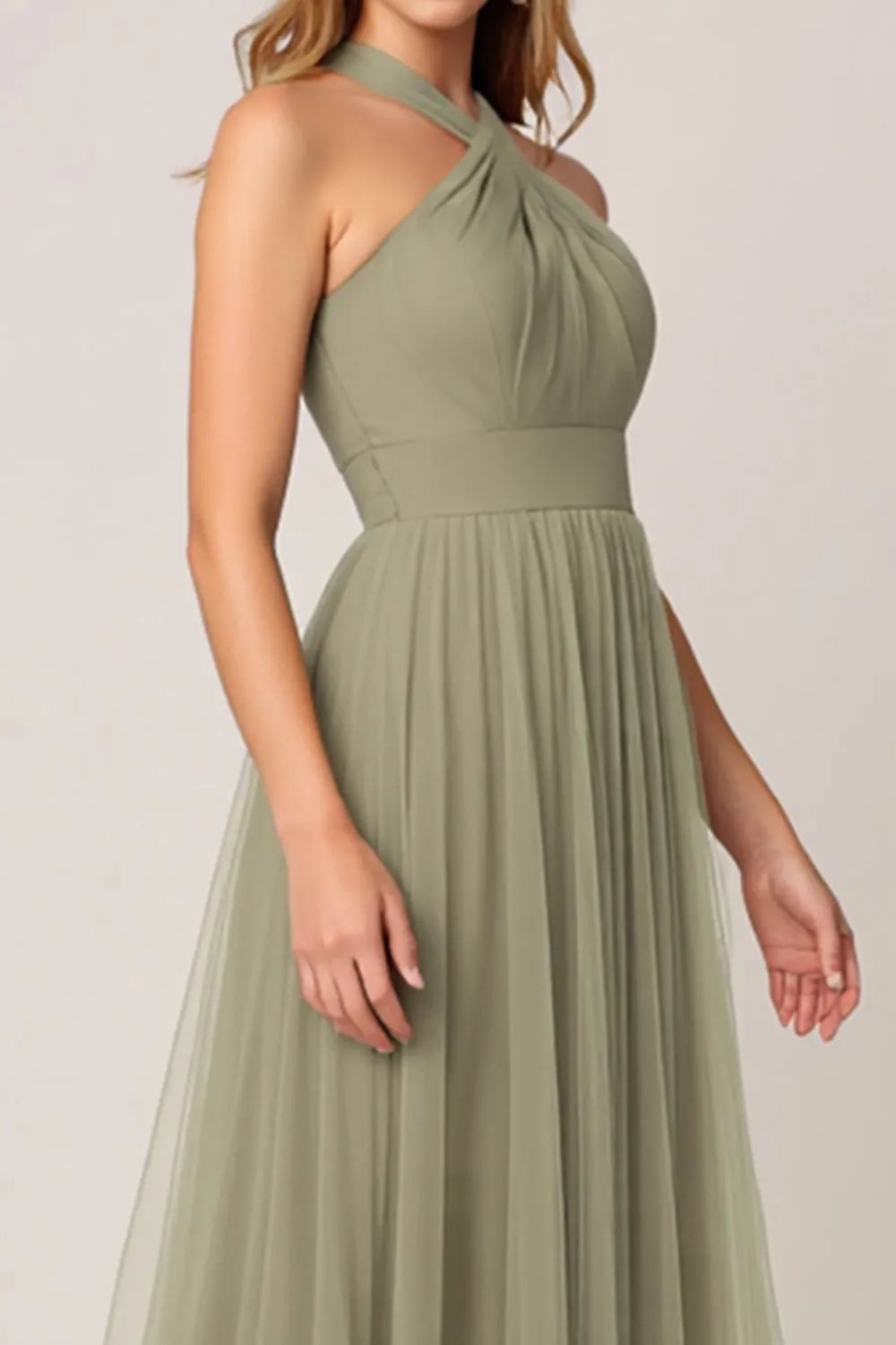 Olive Tulle Tiered Halter Long Bridesmaid Dress sold by Zapaka product image thumbnail 3