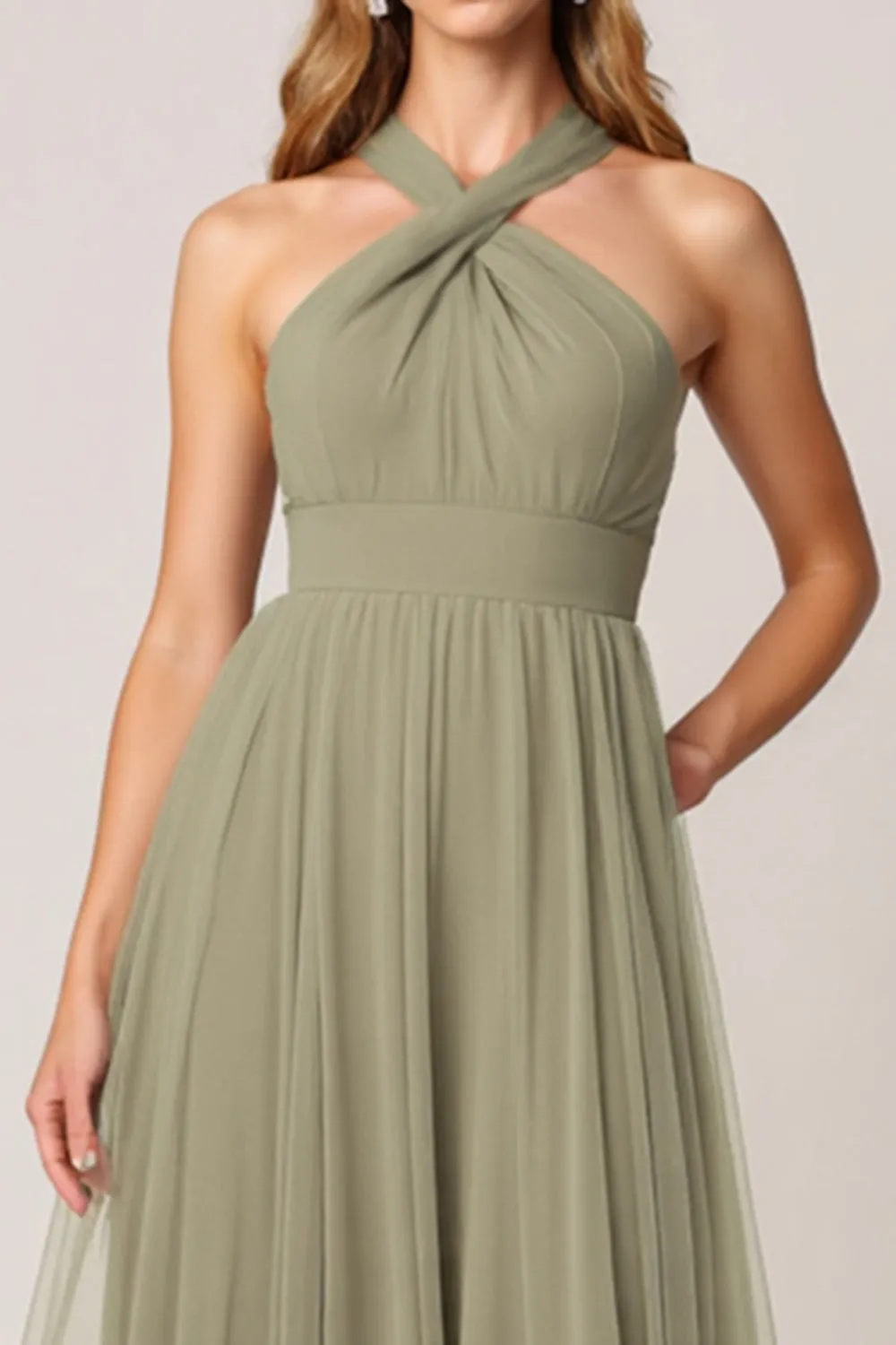 Olive Tulle Tiered Halter Long Bridesmaid Dress sold by Zapaka product image thumbnail 4