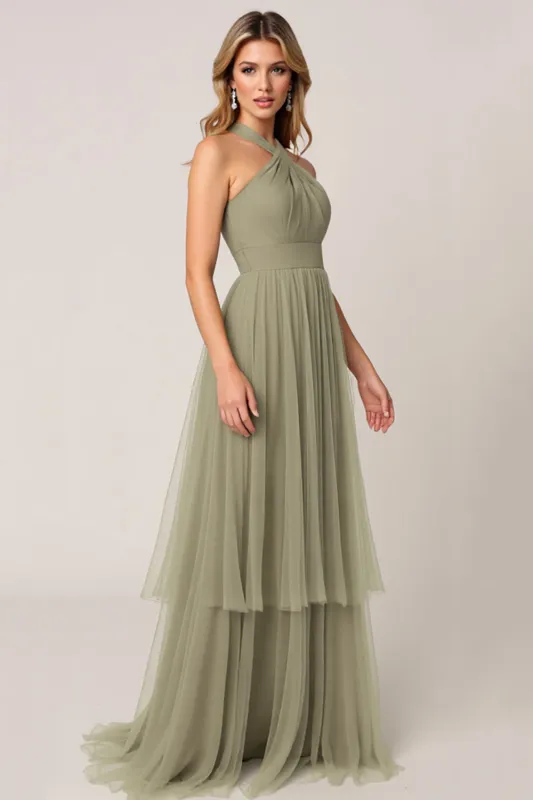 Olive Tulle Tiered Halter Long Bridesmaid Dress sold by Zapaka