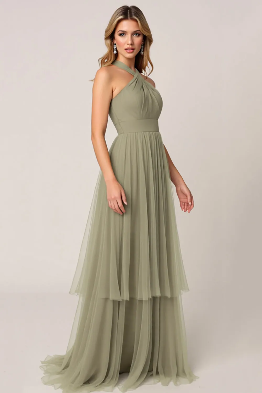 Olive Tulle Tiered Halter Long Bridesmaid Dress sold by Zapaka