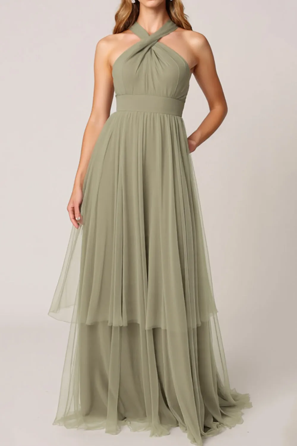 Olive Tulle Tiered Halter Long Bridesmaid Dress sold by Zapaka product image thumbnail 2