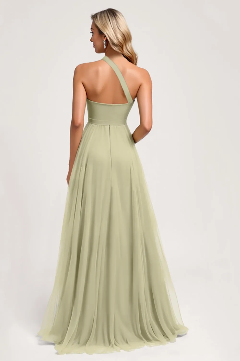 Dusty Sage One Shoulder Tulle A Line Long Bridesmaid Dress sold by Zapaka product image thumbnail 2