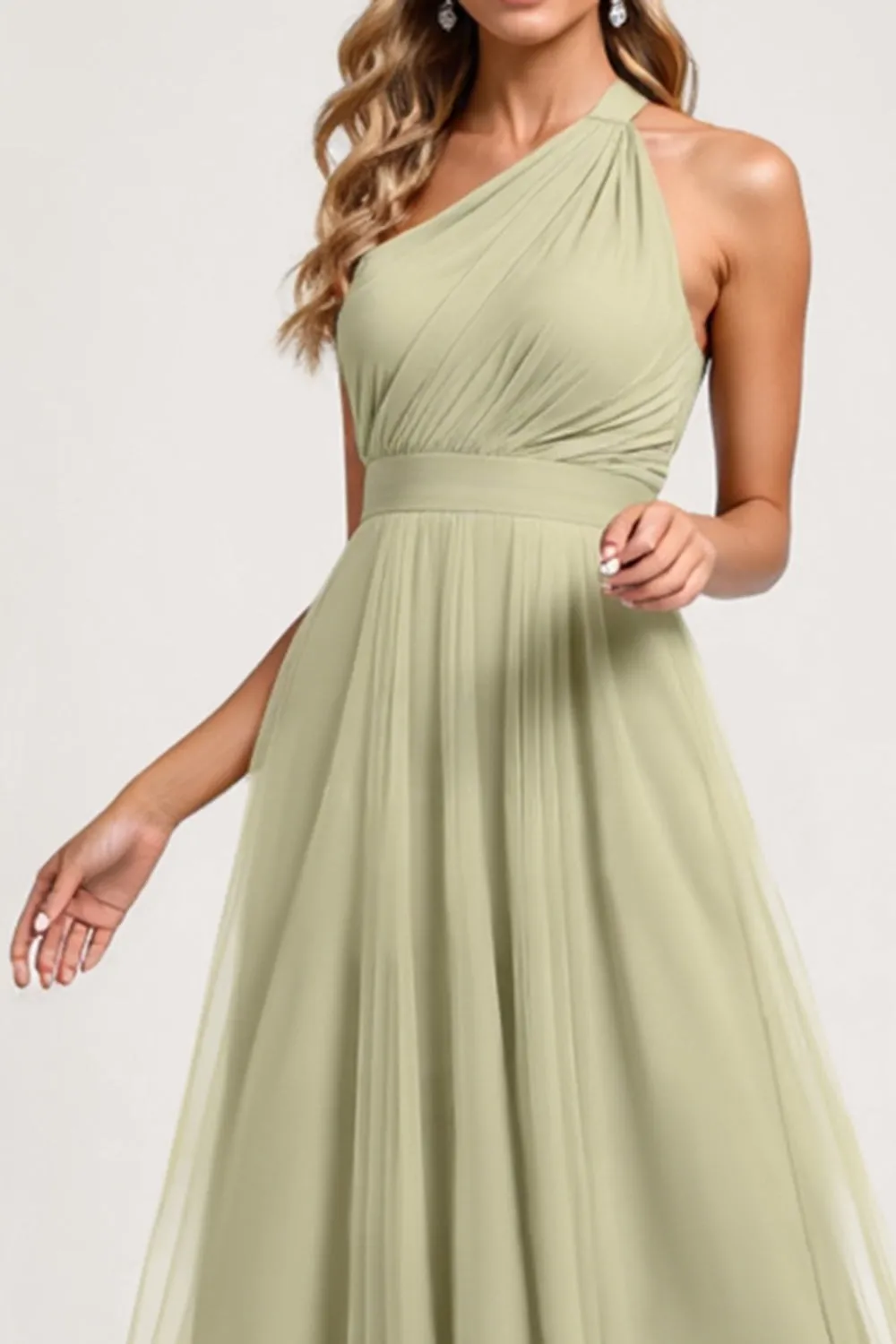 Dusty Sage One Shoulder Tulle A Line Long Bridesmaid Dress sold by Zapaka product image thumbnail 3