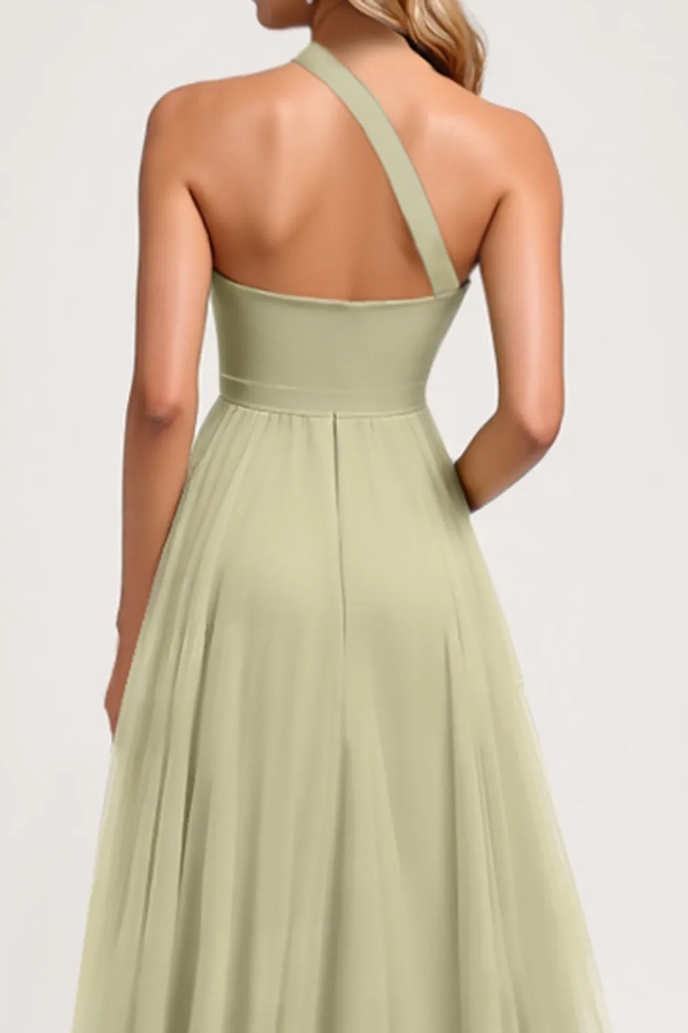 Dusty Sage One Shoulder Tulle A Line Long Bridesmaid Dress sold by Zapaka product image thumbnail 4