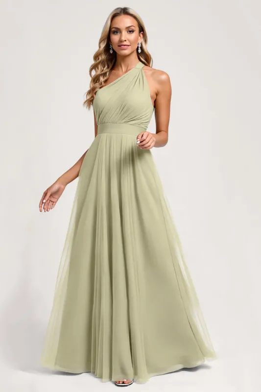Dusty Sage One Shoulder Tulle A Line Long Bridesmaid Dress sold by Zapaka