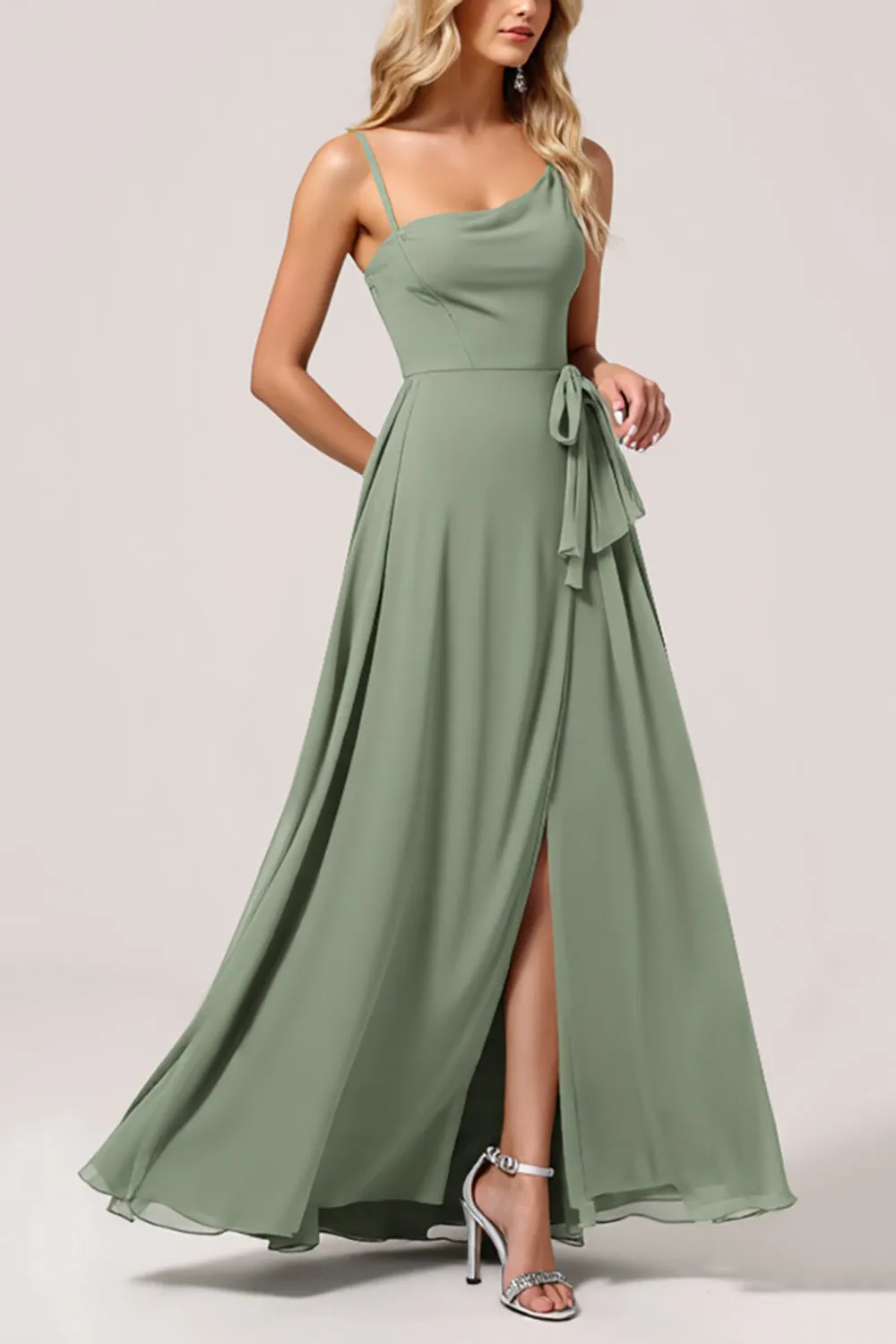 Eucalyptus Chiffon A Line Long Bridesmaid Dress with Slit sold by Zapaka