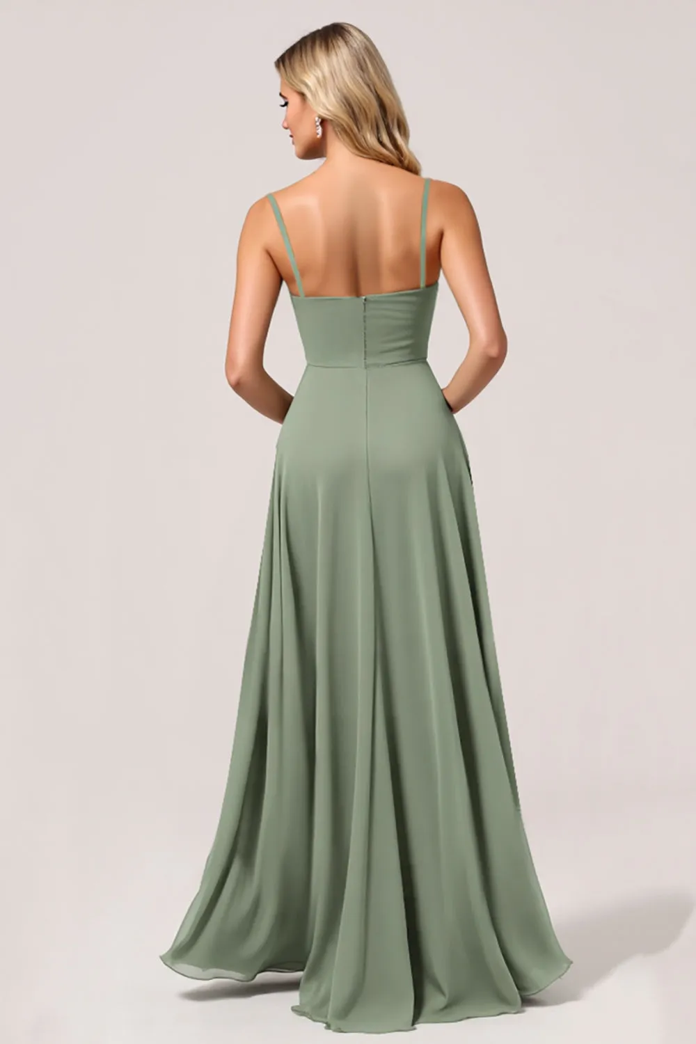Eucalyptus Chiffon A Line Long Bridesmaid Dress with Slit sold by Zapaka product image thumbnail 2