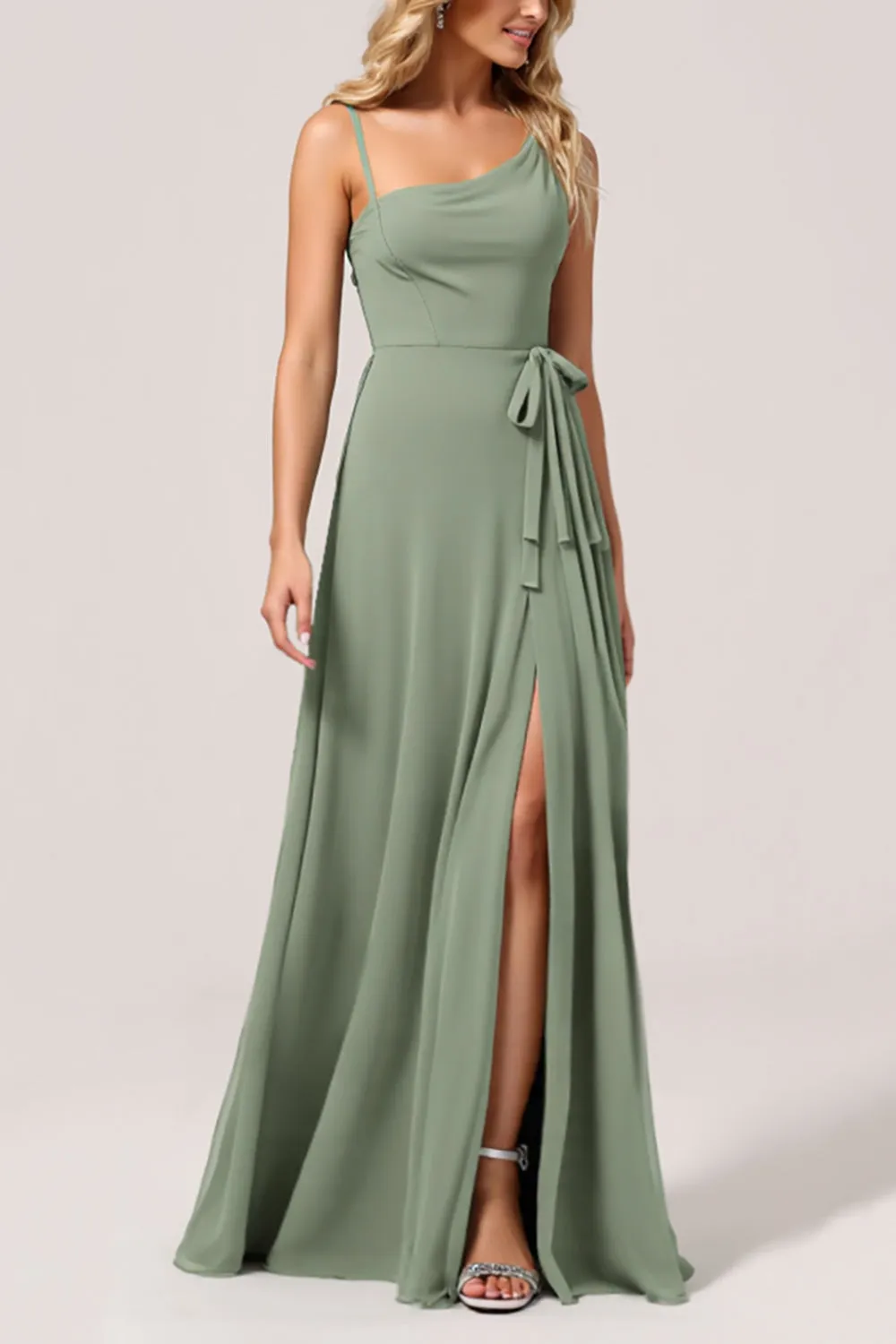 Eucalyptus Chiffon A Line Long Bridesmaid Dress with Slit sold by Zapaka product image thumbnail 3
