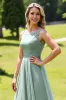 Sage Green Chiffon A Line High-Low Bridesmaid Dress with Ruffles sold by Zapaka