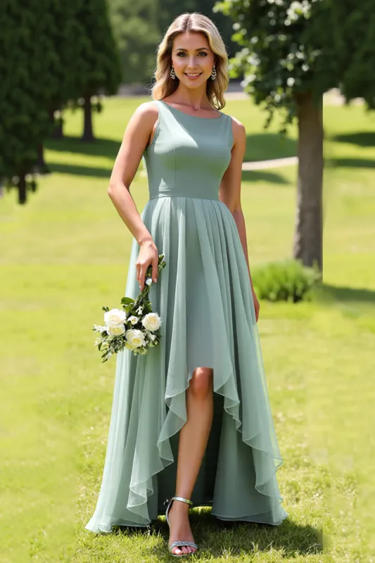 Sage Green Chiffon A Line High-Low Bridesmaid Dress with Ruffles sold by Zapaka