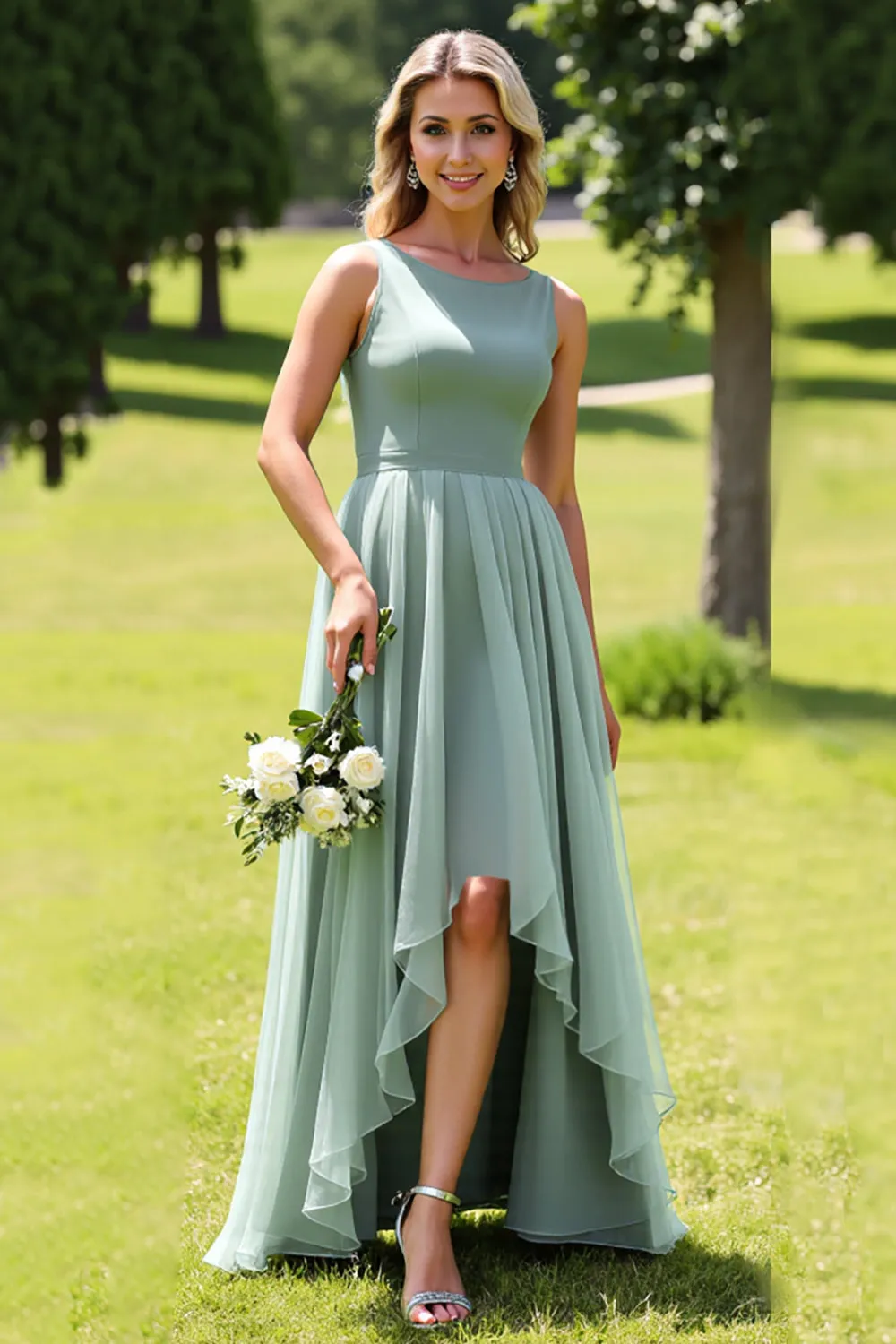 Sage Green Chiffon A Line High-Low Bridesmaid Dress with Ruffles sold by Zapaka