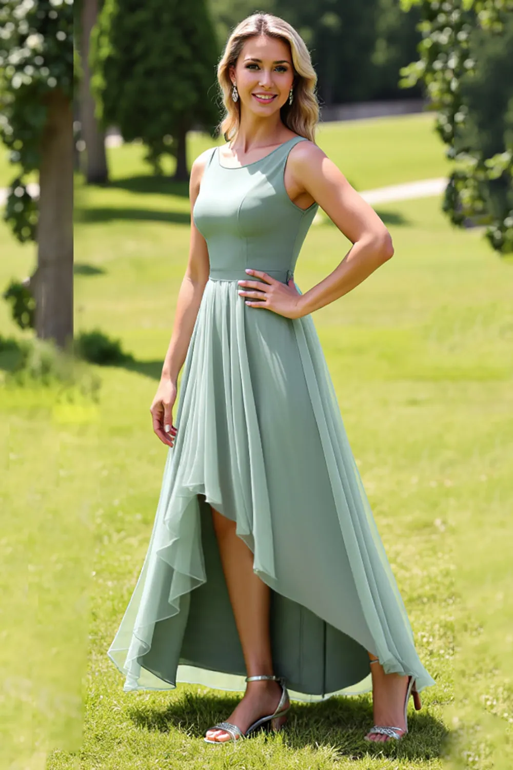 Sage Green Chiffon A Line High-Low Bridesmaid Dress with Ruffles sold by Zapaka product image thumbnail 2