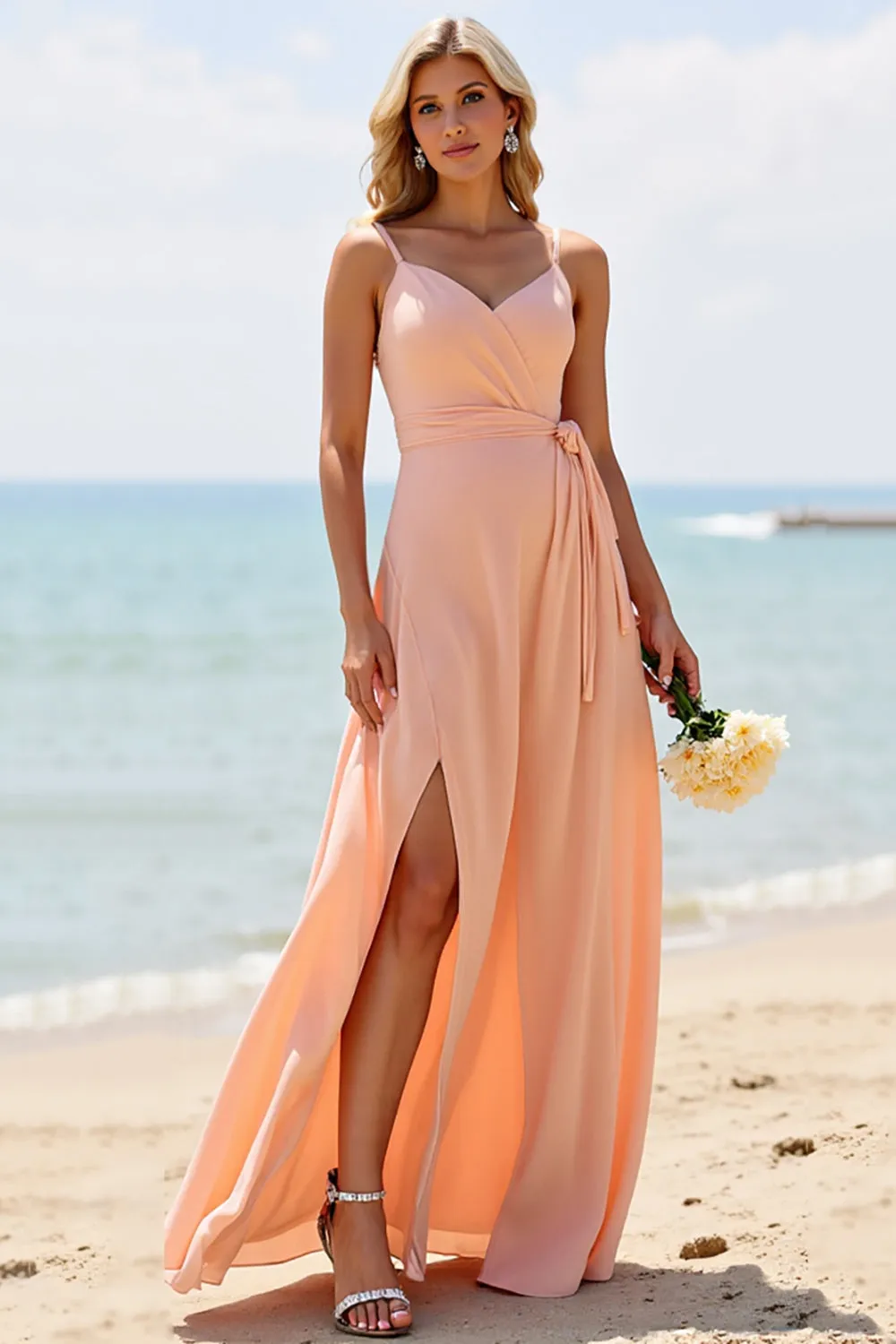 Sunset Chiffon A Line Long Bridesmaid Dress with Slit sold by Zapaka