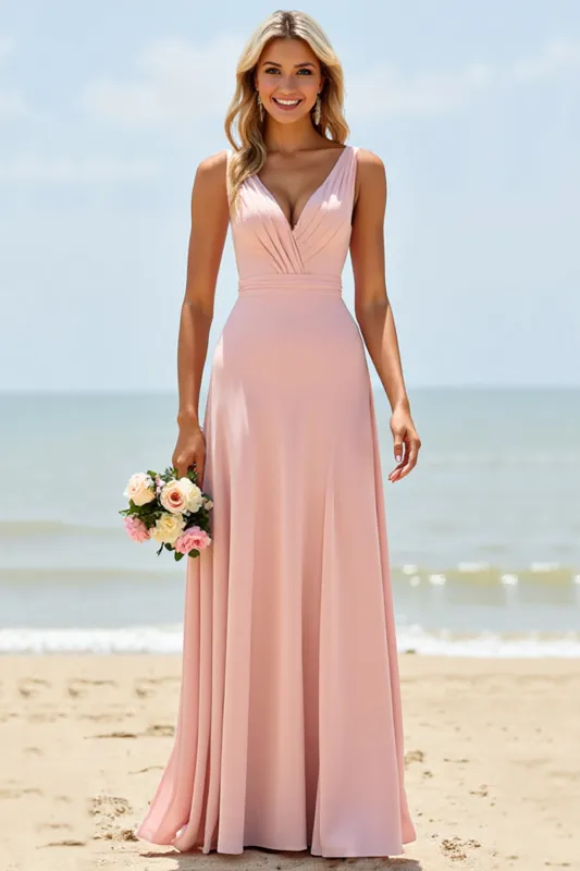 Blush V-Neck A Line Long Bridesmaid Dress sold by Zapaka