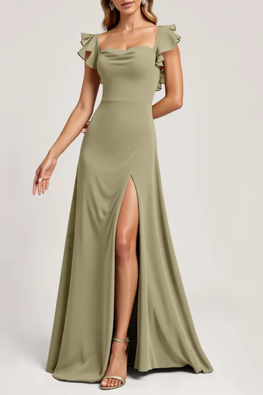 Olive Ruffled A Line Long Bridesmaid Dress with Slit sold by Zapaka