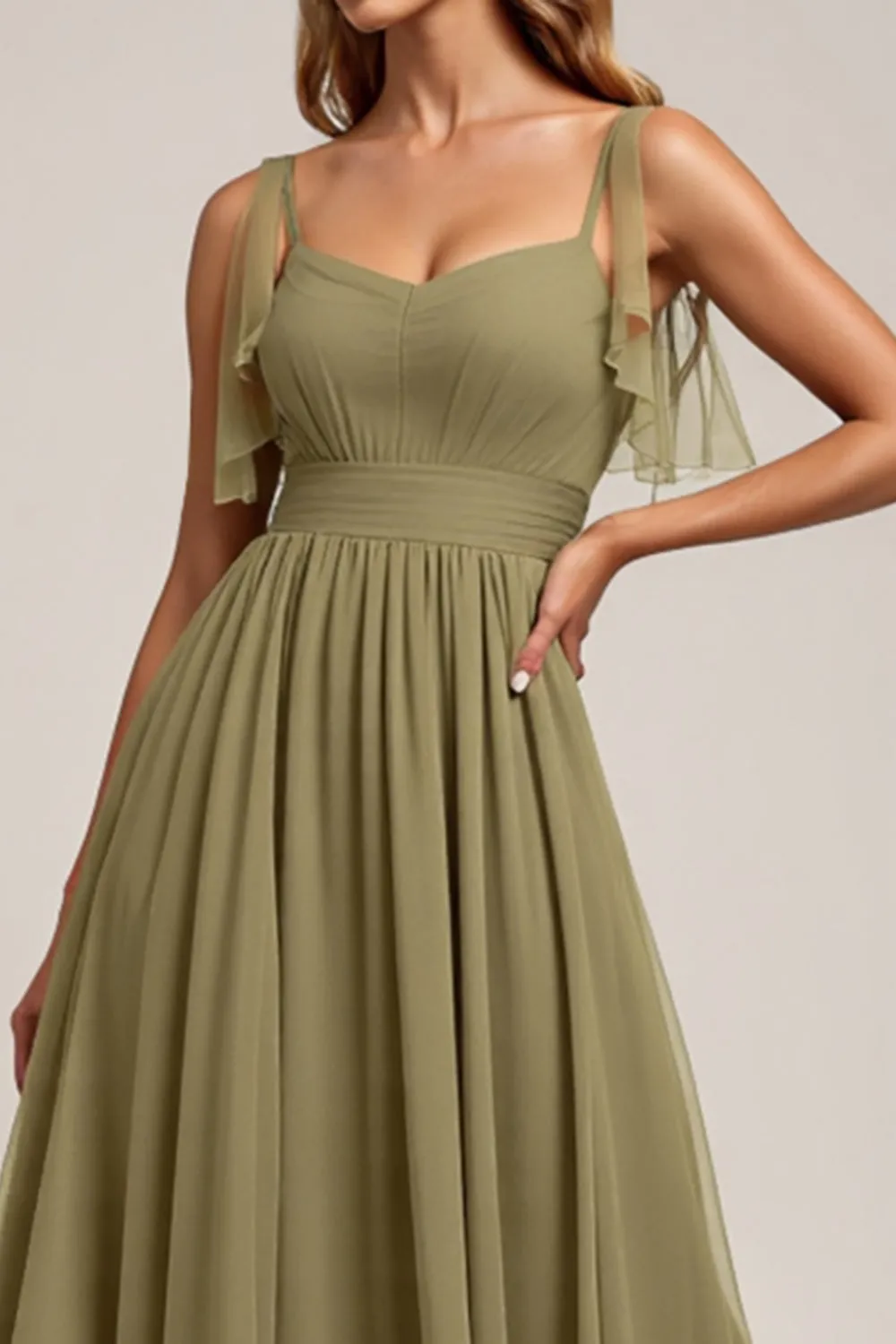 Olive Spaghetti Straps A Line Long Bridesmaid Dress with Slit sold by Zapaka product image thumbnail 3