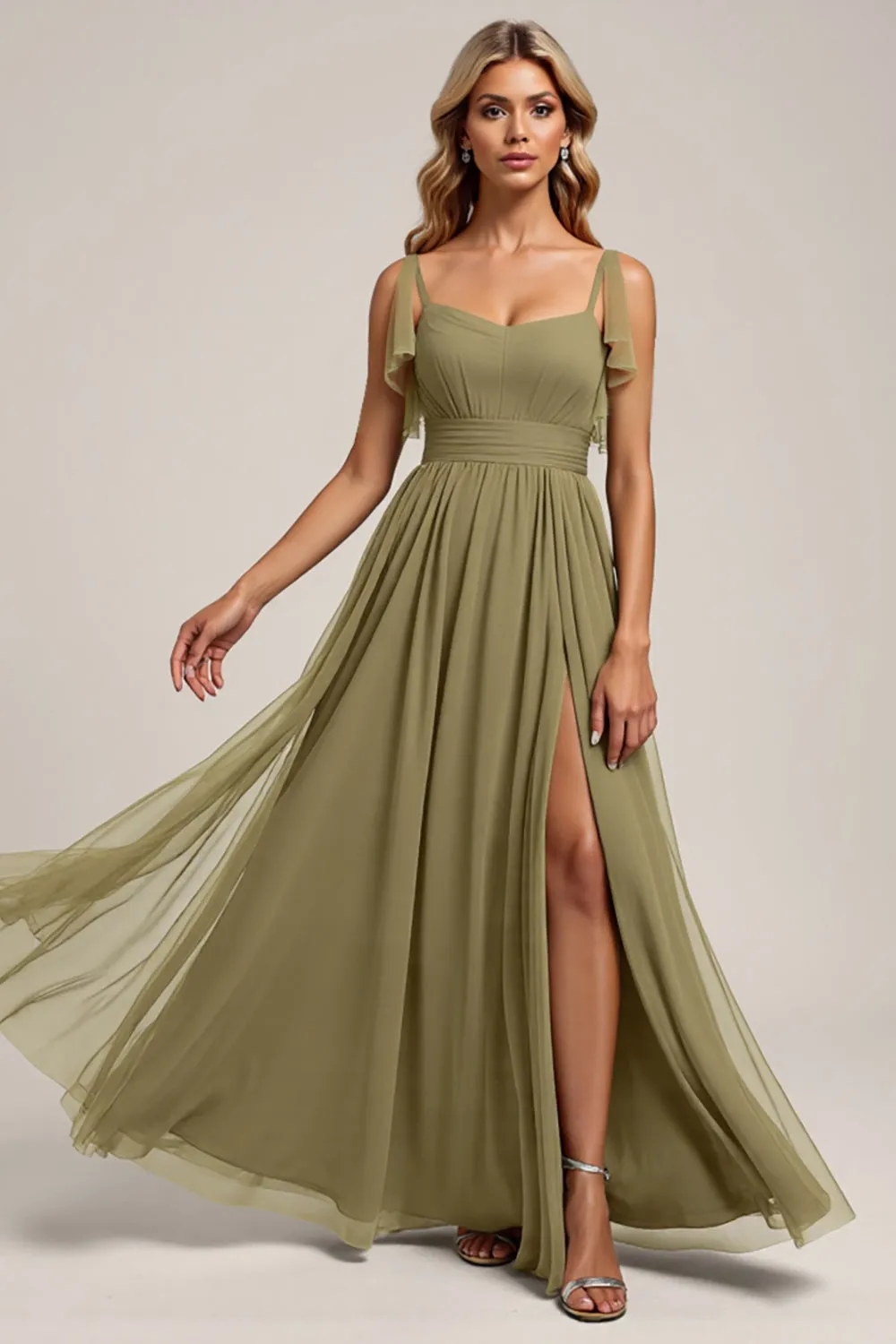Olive Spaghetti Straps A Line Long Bridesmaid Dress with Slit sold by Zapaka