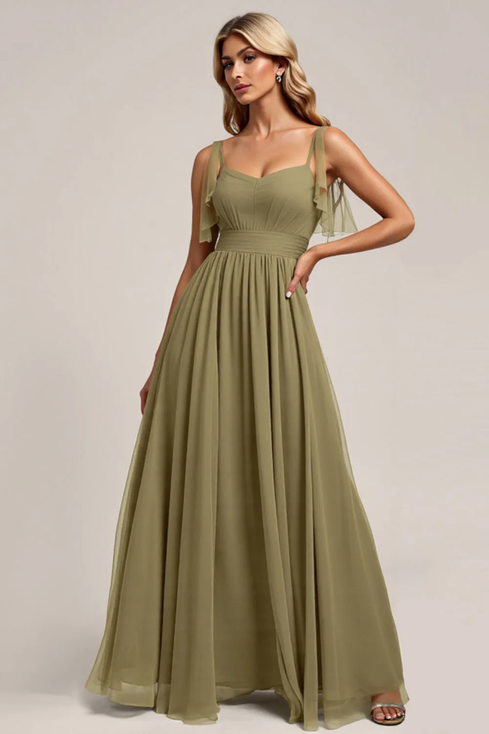 Olive Spaghetti Straps A Line Long Bridesmaid Dress with Slit sold by Zapaka product image thumbnail 2