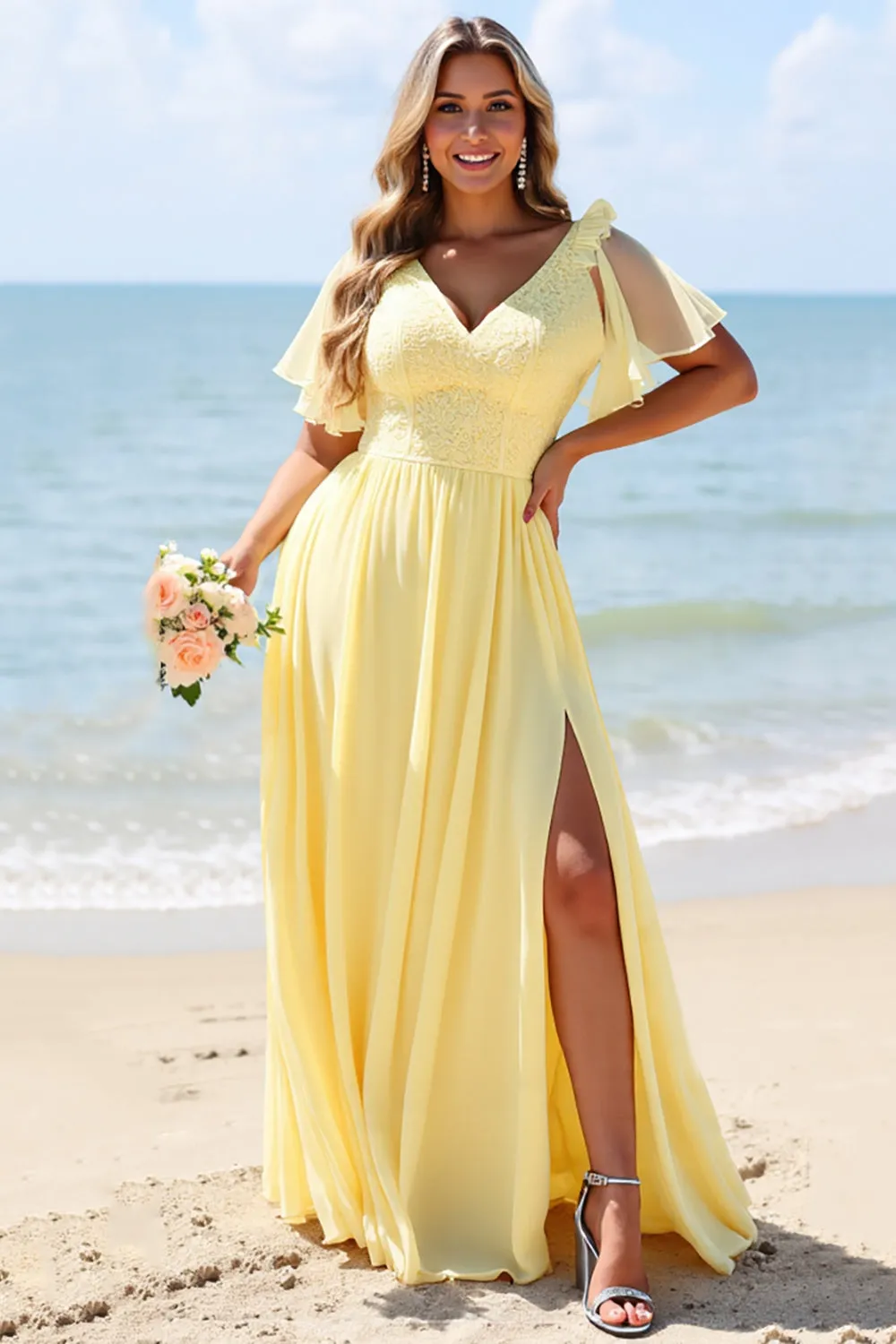 Yellow A Line V-Neck Chiffon Long Bridesmaid Dress with Slit sold by Zapaka product image thumbnail 3