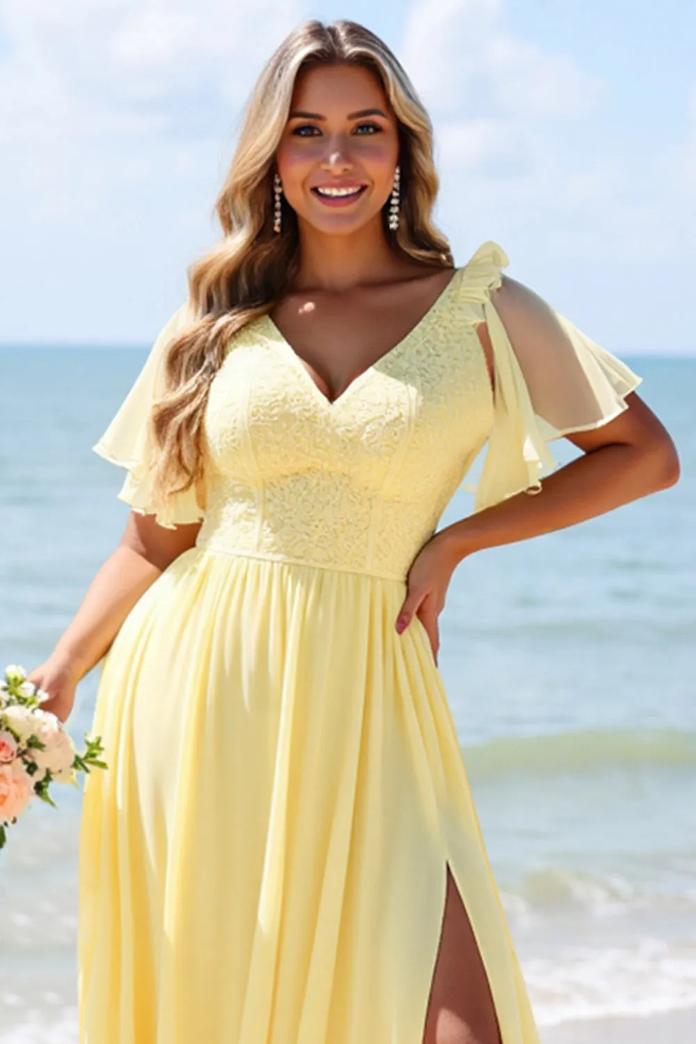 Yellow A Line V-Neck Chiffon Long Bridesmaid Dress with Slit sold by Zapaka product image thumbnail 4