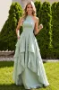 Sage Green Chiffon A Line Long Bridesmaid Dress with Ruffles sold by Zapaka