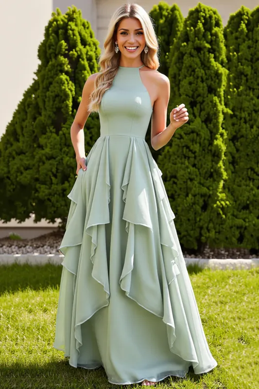 Sage Green Chiffon A Line Long Bridesmaid Dress with Ruffles sold by Zapaka